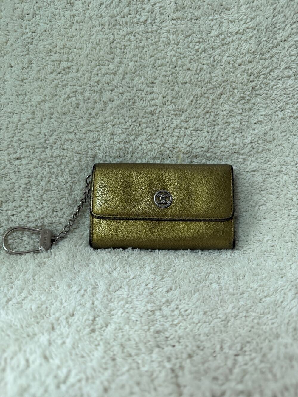 Chanel Metallic Gold Leather Flap Wallet CC Logo Chain Strap Small